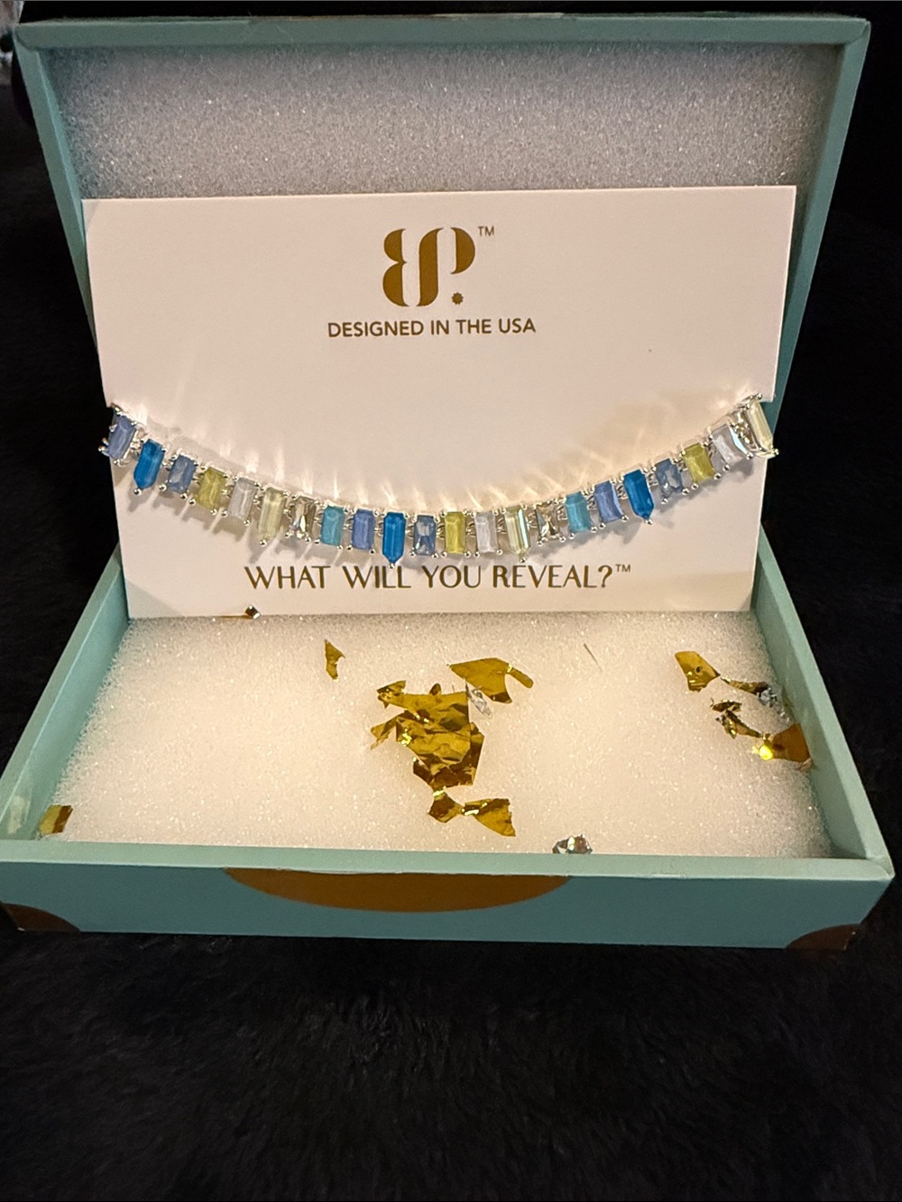 bp Designed in the USA Blue, Yellow and Clear Baguette Crystal Bracelet
